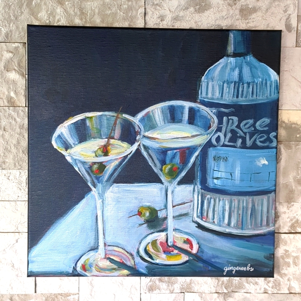 New Painting Abstract Martini Glasses Still Life Original Acrylic Signed Canvas